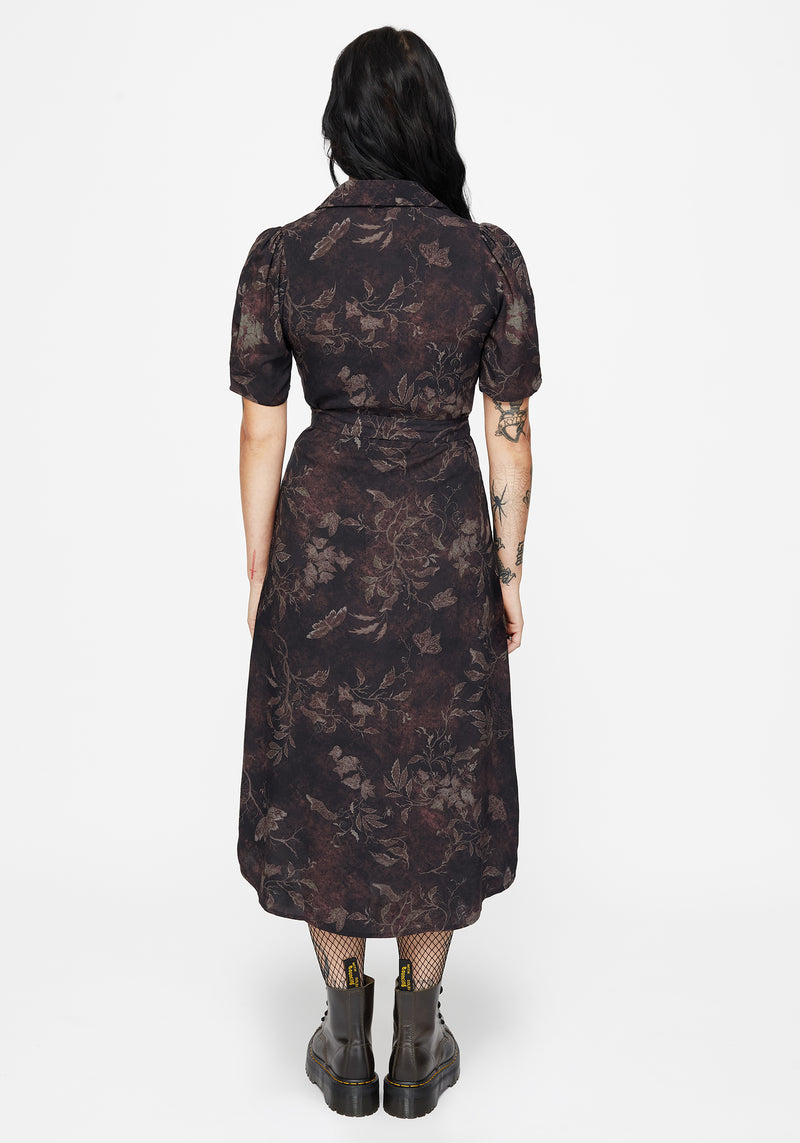 Ashmire Woodland Moth Print Midi Belted Shirt Dress