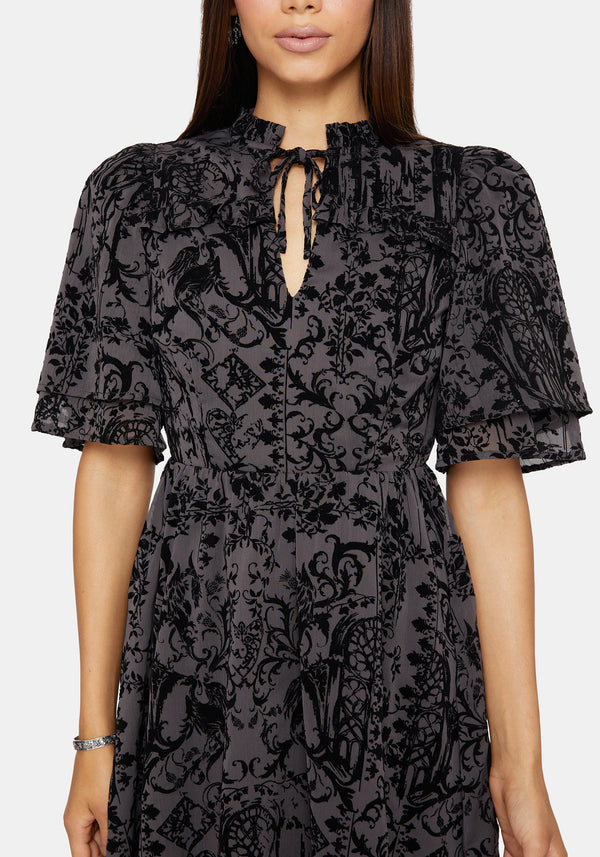 Thorned Flocked Chiffon Castle Print Yoke Front Frill Sleeve Mini Dress