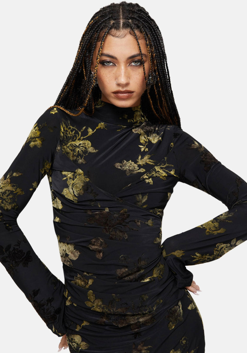 Velda Floral Flocked Mesh Maxi Dress