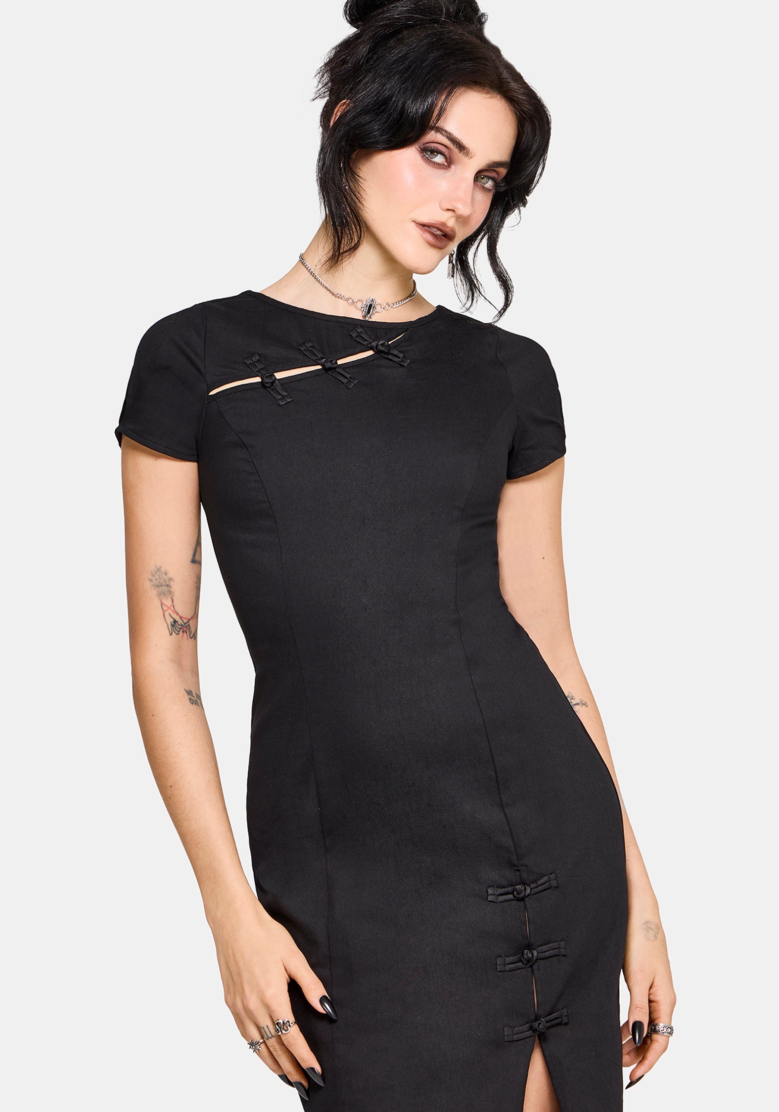 Opaline Asymmetric Neck Slash Short Sleeve Midi Dress