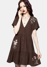 Faela Fairy Embroidered Button Up V-Neck Peplum Mini Dress UK 6