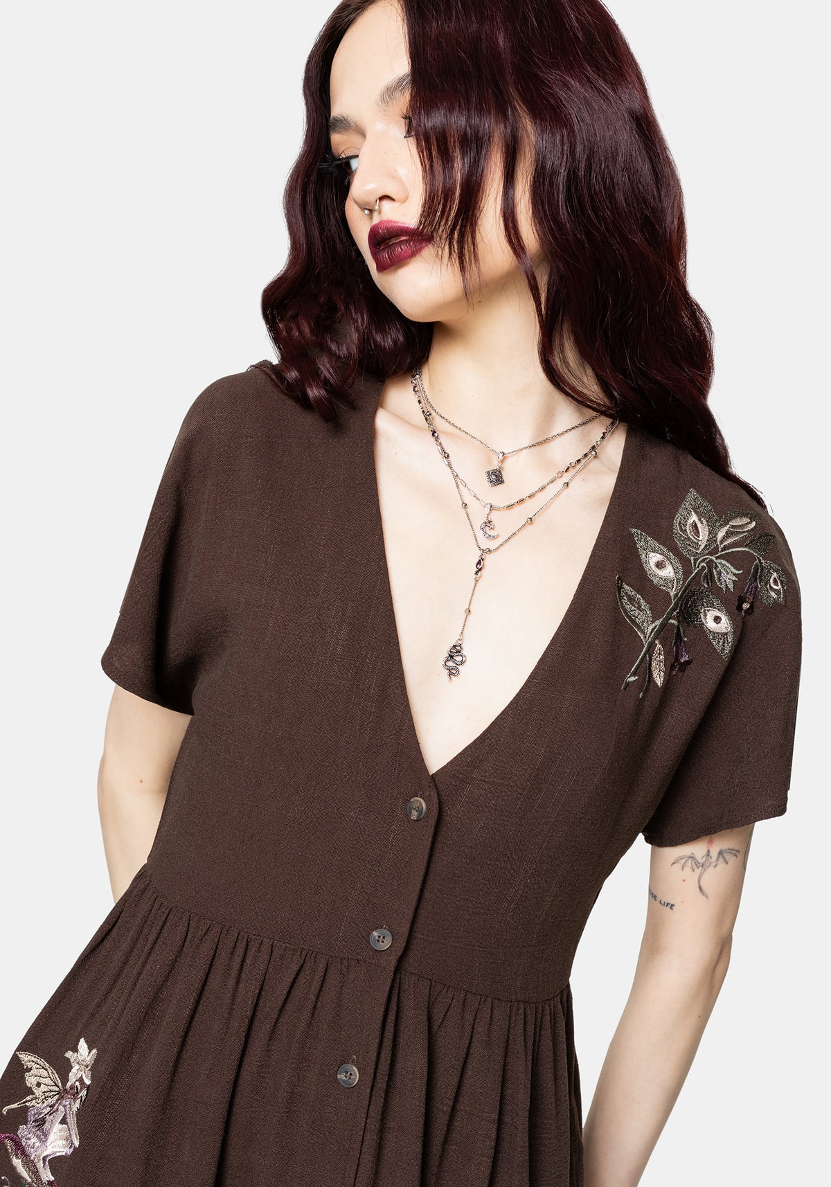 Faela Fairy Embroidered Button Up V-Neck Peplum Mini Dress UK 6