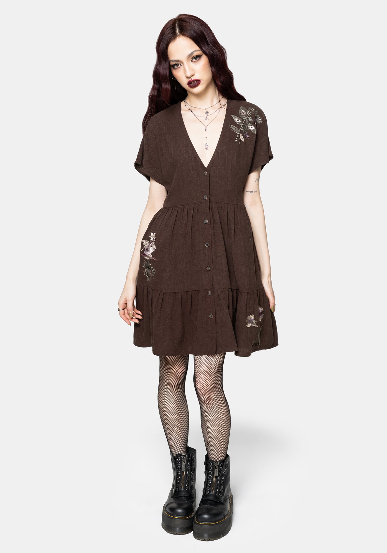 Faela Fairy Embroidered Button Up V-Neck Peplum Mini Dress UK 6