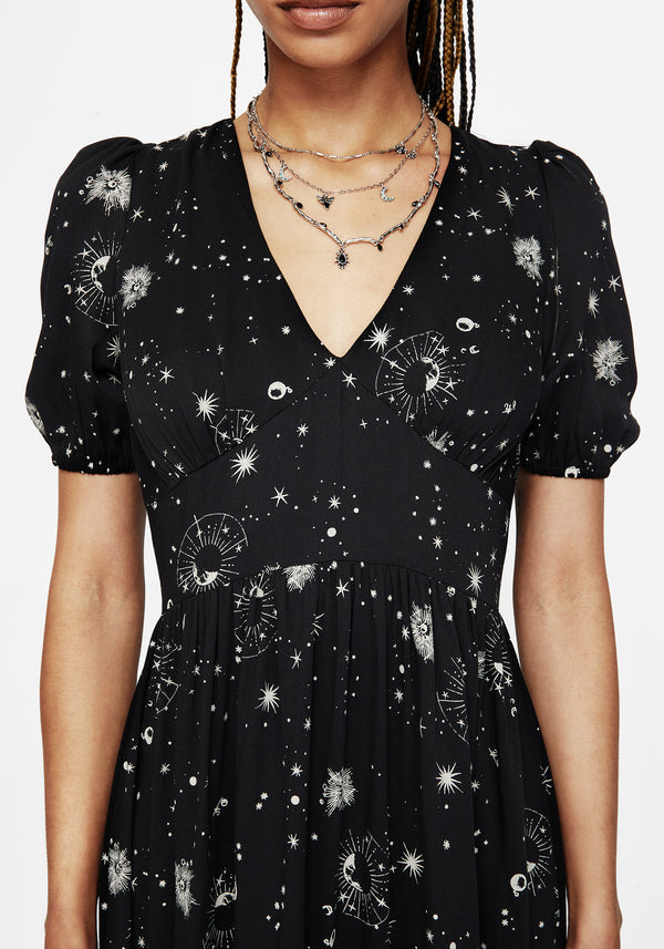 Comet Celestial Printed Puff Sleeve Midaxi Dress