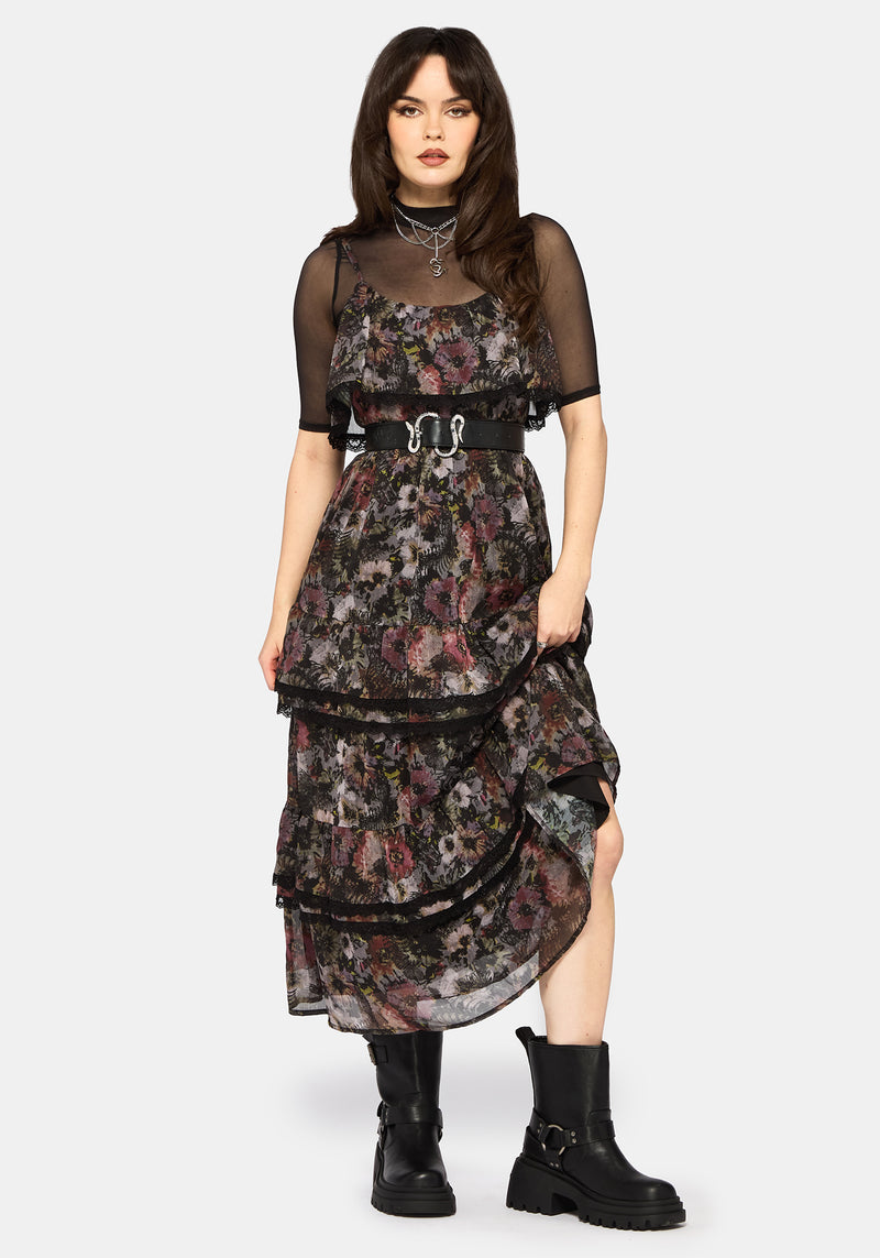 Mortua Grunge Floral Print Peplum Frill Cami Maxi Dress  Disturbia