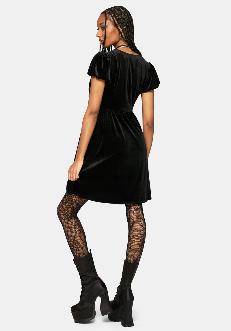 Bluesow Feather & Thistles Embroidered Puff Sleeve Velour Mini Dress