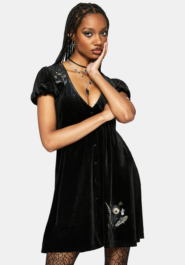 Bluesow Feather & Thistles Embroidered Puff Sleeve Velour Mini Dress