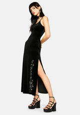 Bluesow Feather & Thistles Embroidered Velour Slip Maxi Dress