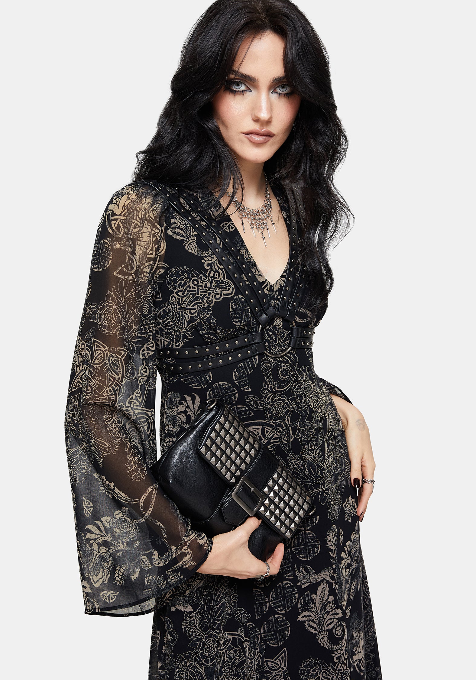 Surge Celtic Print Ruffle Neck Midi Dress