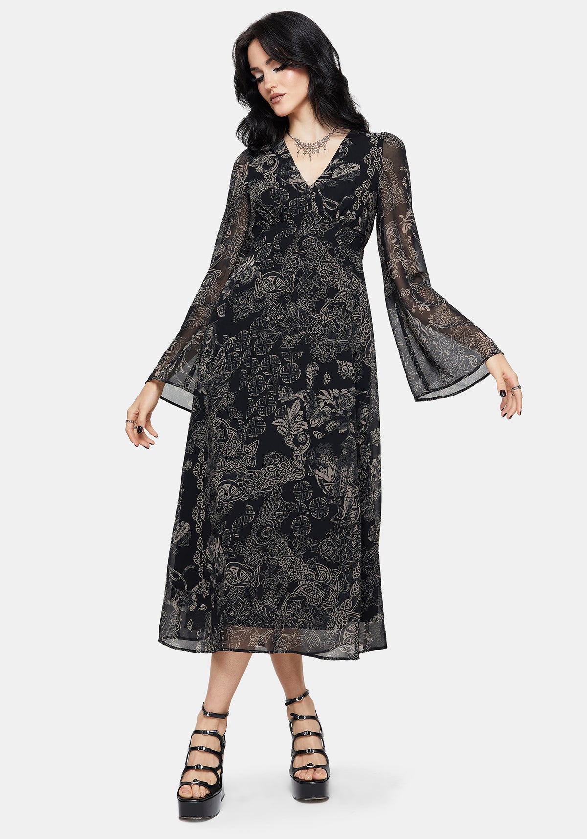 Surge Celtic Print Ruffle Neck Midi Dress