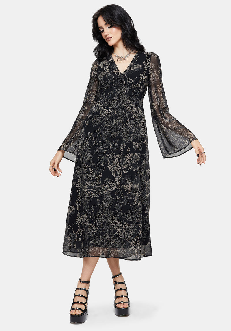 Surge Celtic Print Ruffle Neck Midi Dress