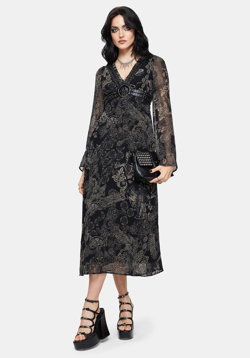 Surge Celtic Print Ruffle Neck Midi Dress