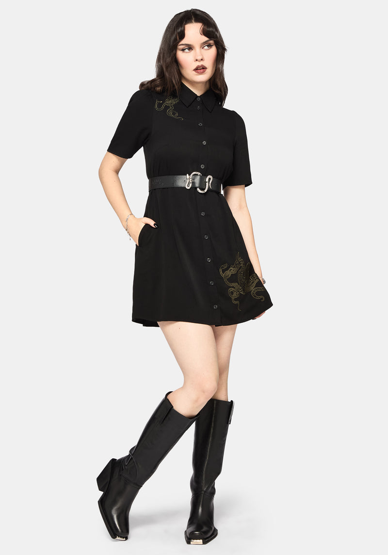 Isara Dragon Embroidered Mini Shirt Dress
