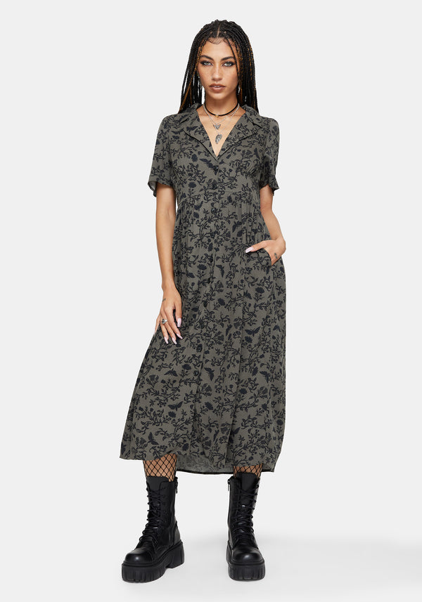 Morgana Printed Woodland Shadows Midi Shirt Dress - Green