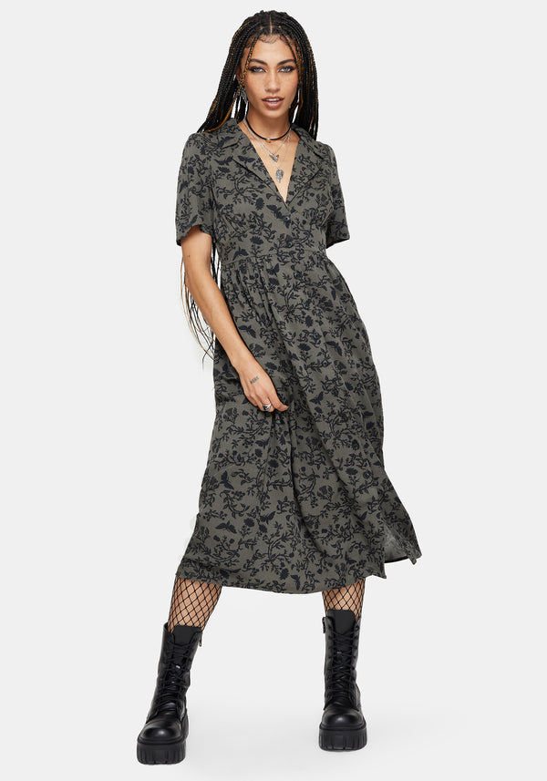 Morgana Printed Woodland Shadows Midi Shirt Dress - Green