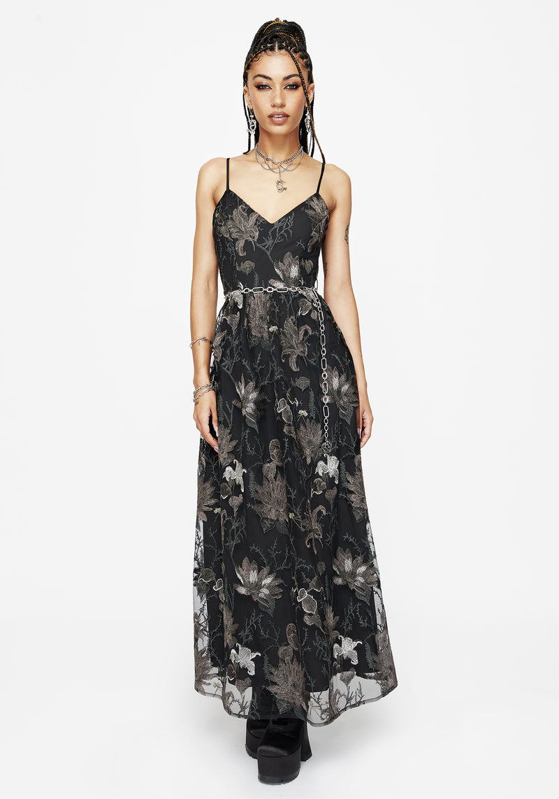 Estrid Embroidered Mesh Midaxi Cami Dress - Silver