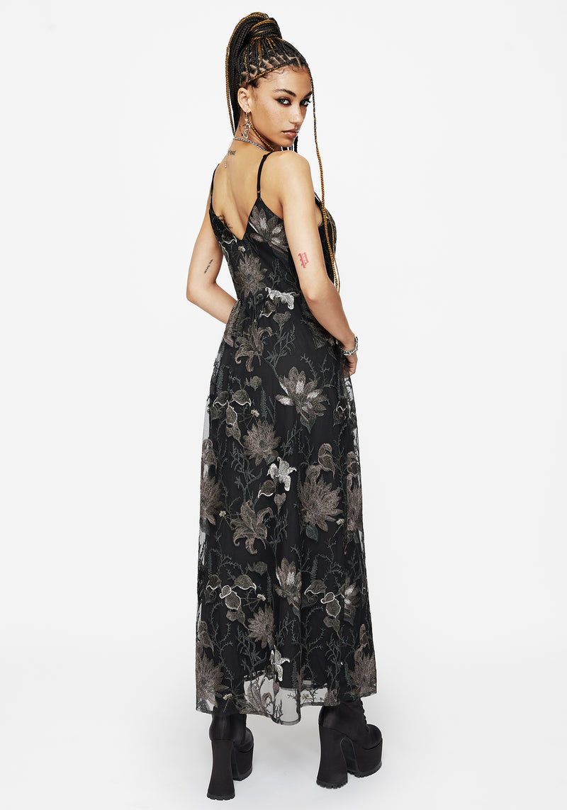 Estrid Embroidered Mesh Midaxi Cami Dress - Silver