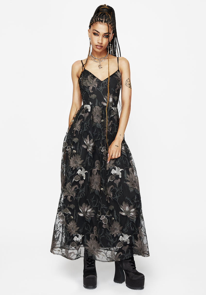 Estrid Embroidered Mesh Midaxi Cami Dress - Silver