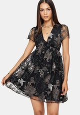 Estrid Embroidered Mesh Flute Sleeve Mini Dress - Silver