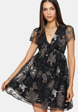 Estrid Embroidered Mesh Flute Sleeve Mini Dress - Silver