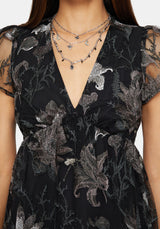 Estrid Embroidered Mesh Flute Sleeve Mini Dress - Silver