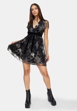 Estrid Embroidered Mesh Flute Sleeve Mini Dress - Silver