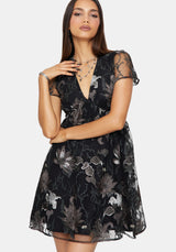 Estrid Embroidered Mesh Flute Sleeve Mini Dress - Silver