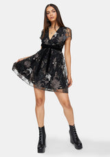 Estrid Embroidered Mesh Flute Sleeve Mini Dress - Silver