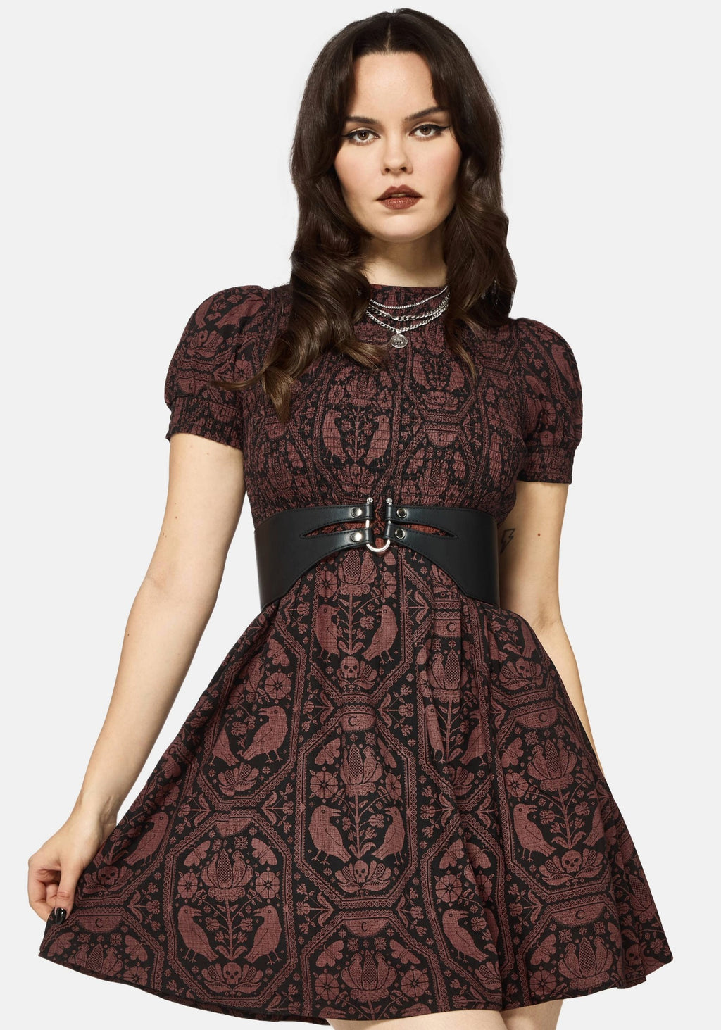 Raven Ress Annabel Inverted Raven Print Shirred Mini Dress – Disturbia