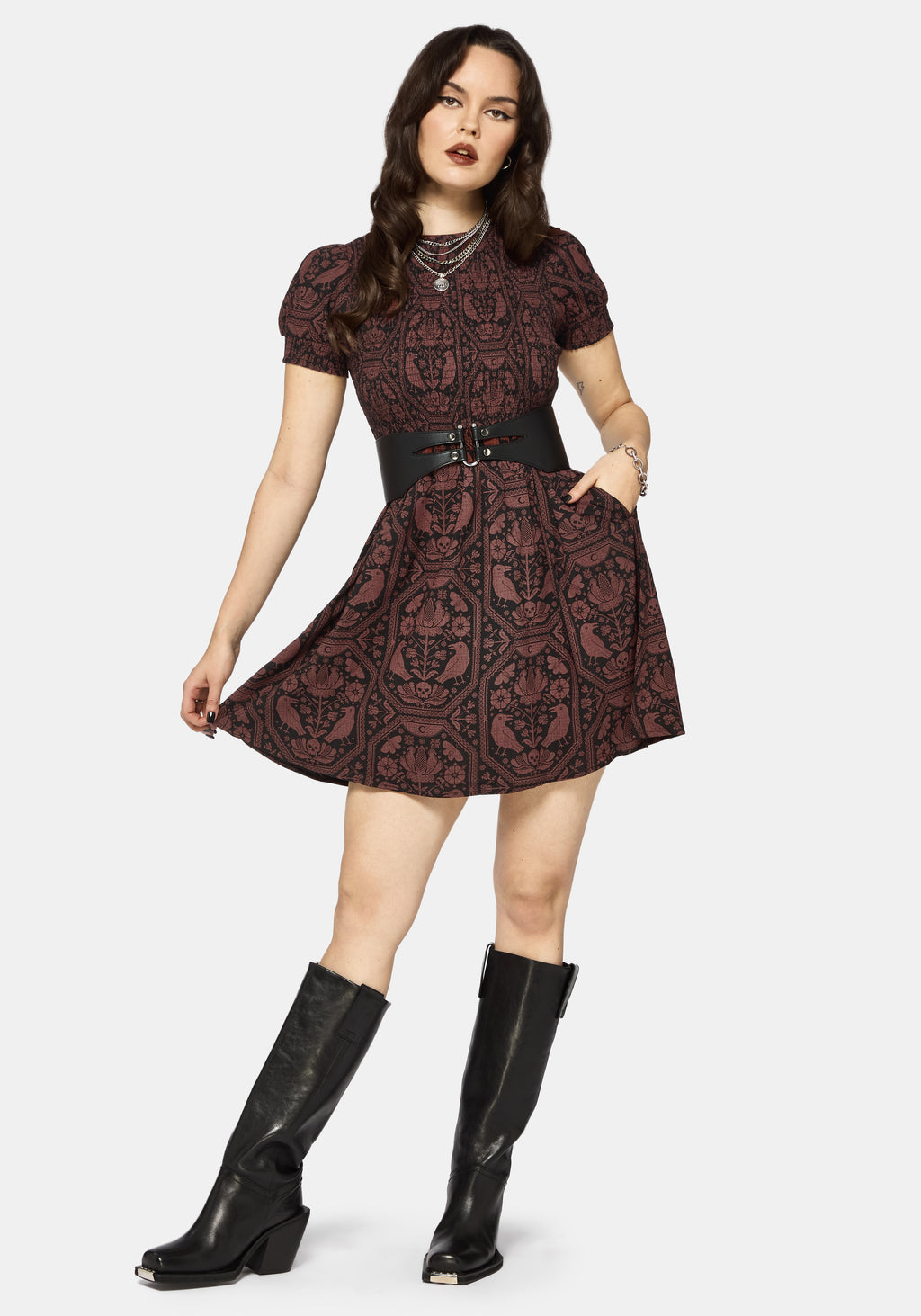 Raven Ress Annabel Inverted Raven Print Shirred Mini Dress – Disturbia