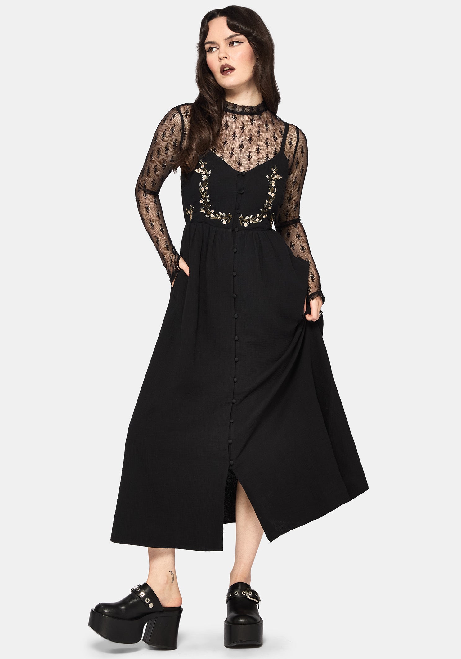 Abundance Cotton Floral Embroidered Bodice Cami Midaxi Dress - Black
