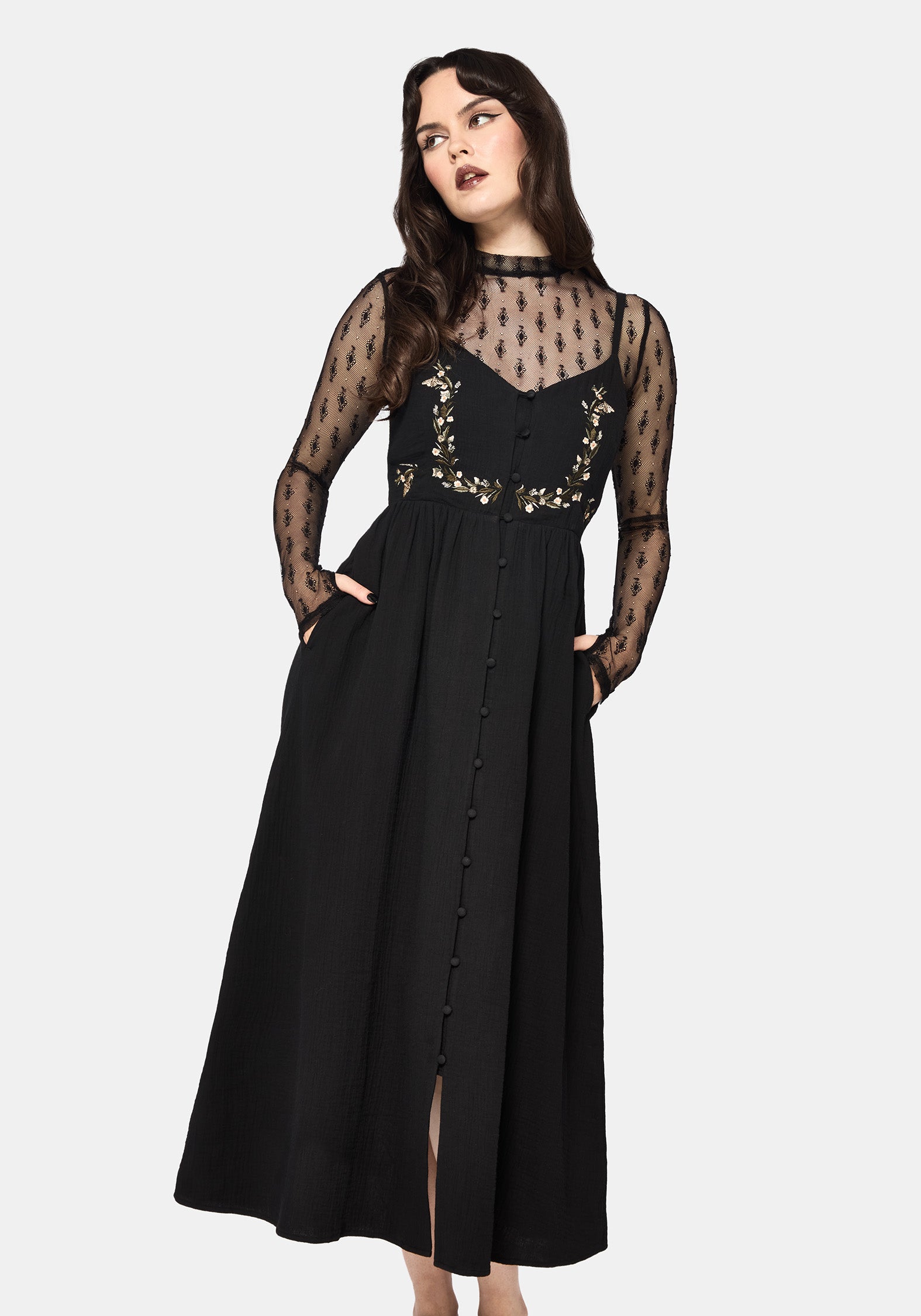 Abundance Cotton Floral Embroidered Bodice Cami Midaxi Dress - Black