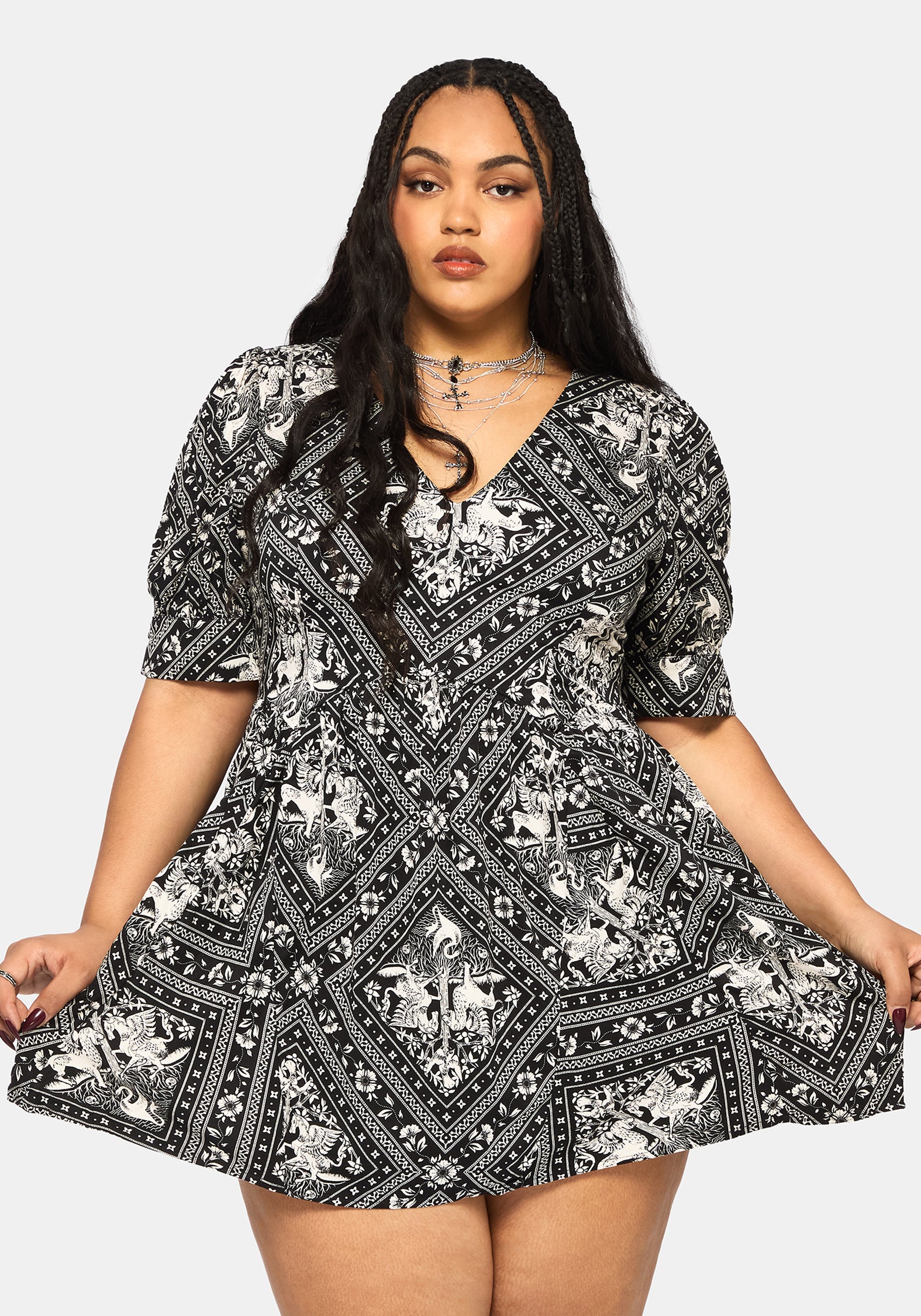 Hexweave Print V Neck Mini Dress