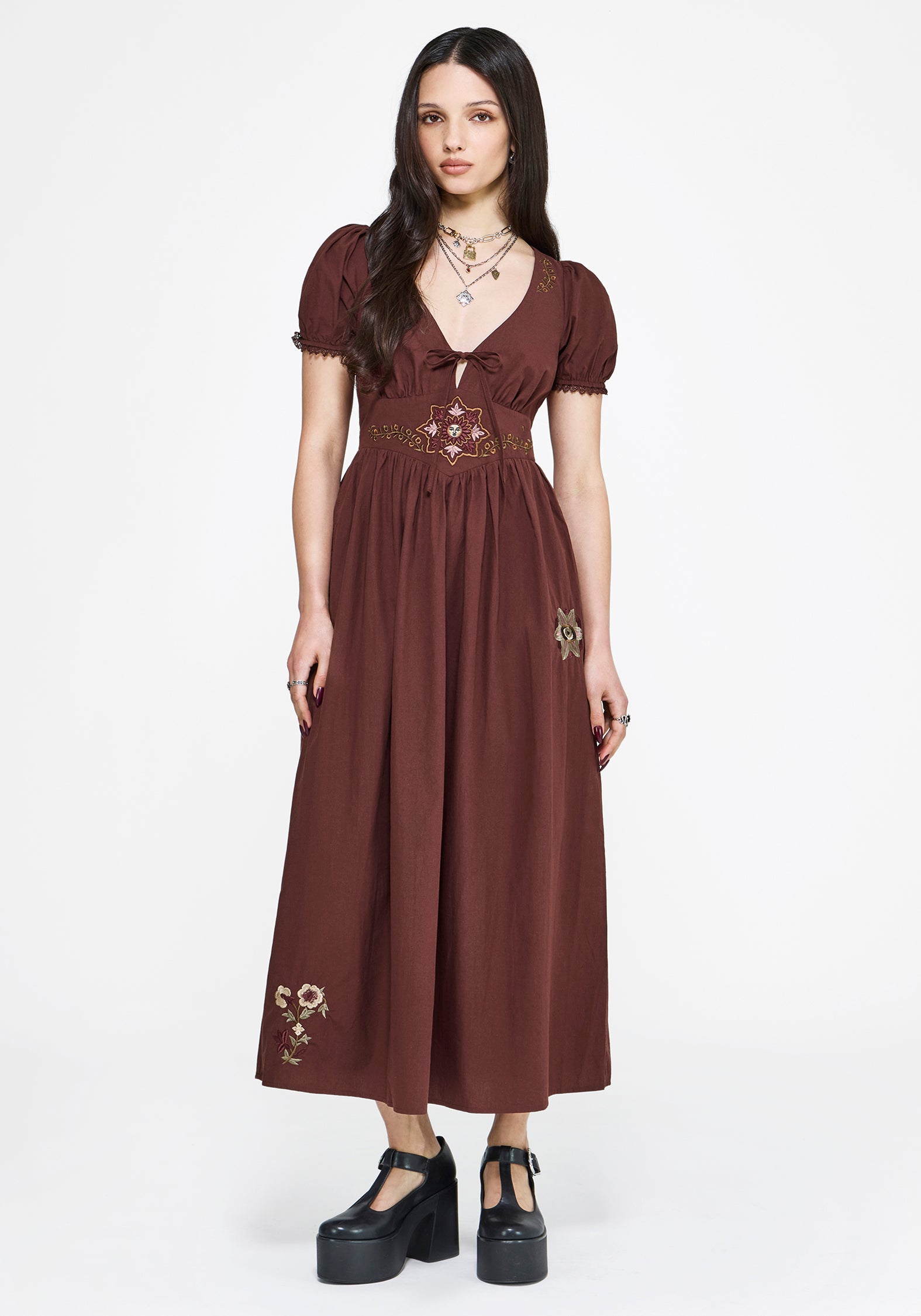 【極美品】 AMERI SPUN ORGANDY PLEATS DRESS Arianwen Embroidered Puff Sleeve Midaxi Dress - Rust – Disturbia
