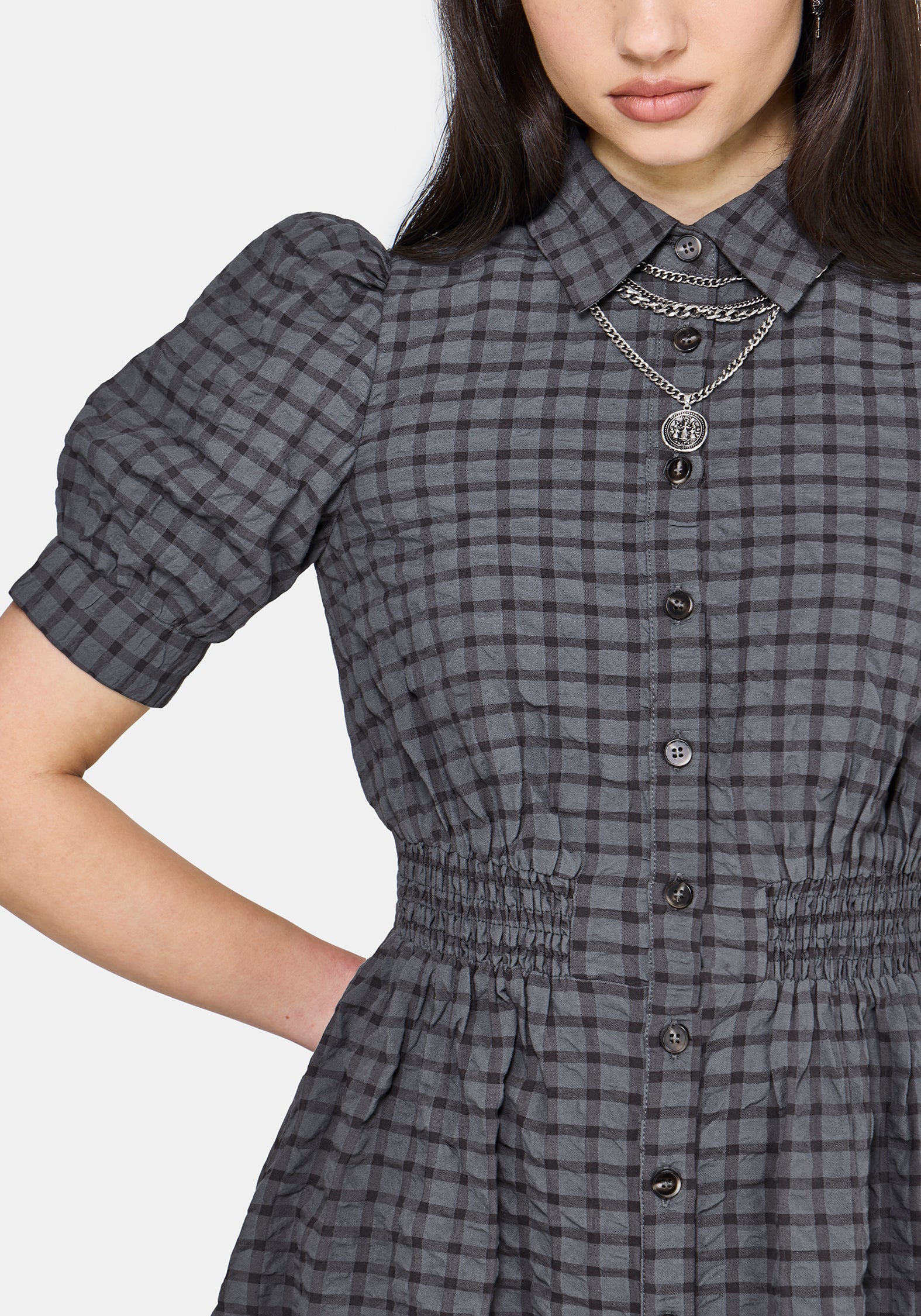 Nimira Check Puff Sleeve Mini Dress