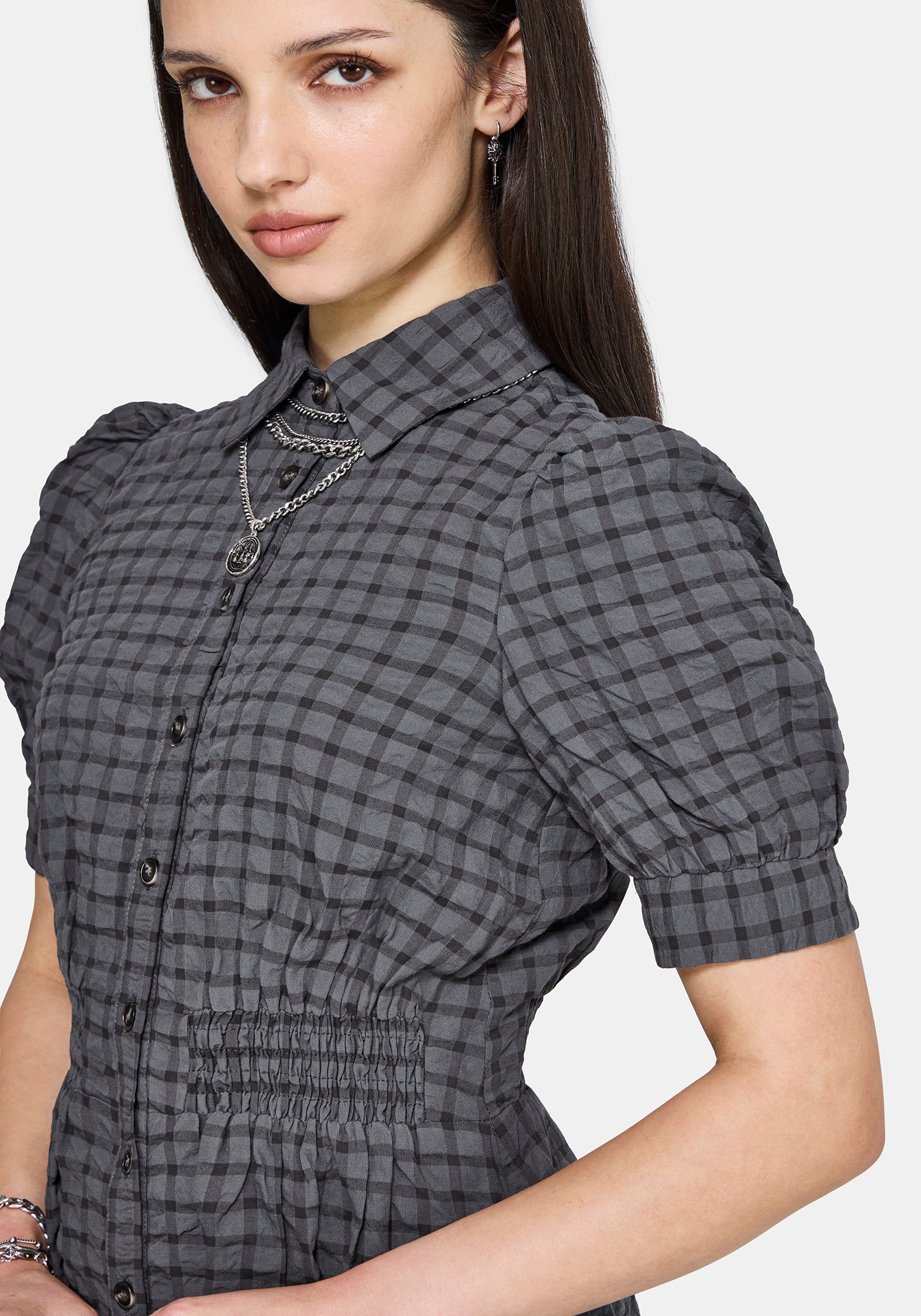 Nimira Check Puff Sleeve Mini Dress