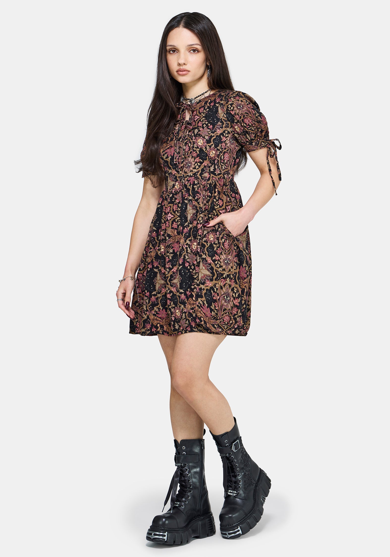 Mythos Print Tie Front Mini Dress
