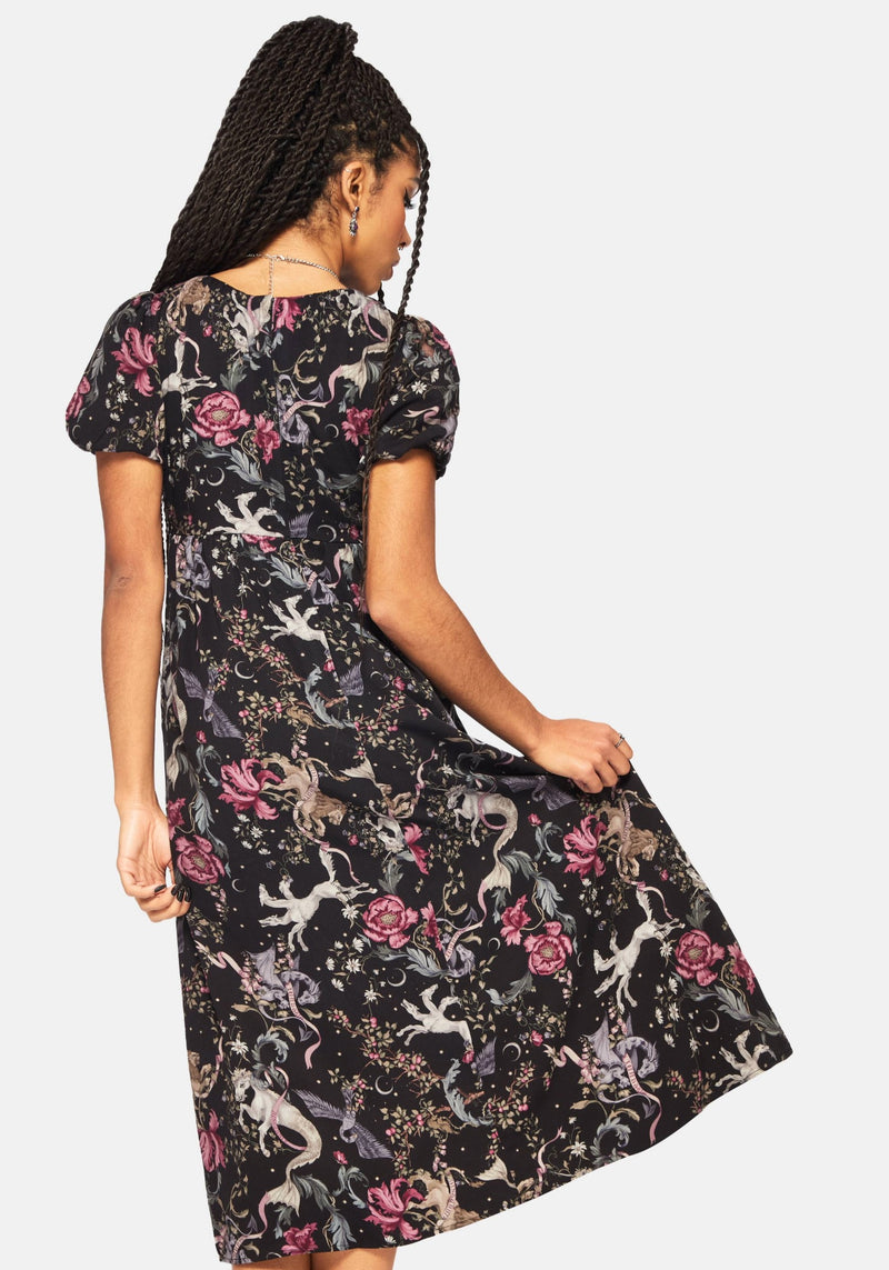 Merunicorn Enchanted Forest Print Puff Sleeve Midi Dress