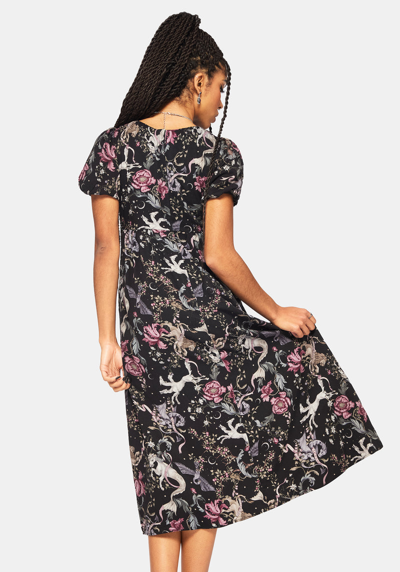 Merunicorn Enchanted Forest Print Puff Sleeve Midi Dress