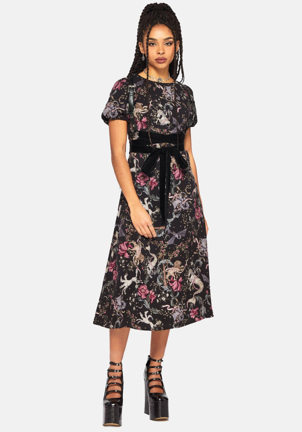 Merunicorn Enchanted Forest Print Puff Sleeve Midi Dress