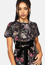 Merunicorn Enchanted Forest Print Puff Sleeve Midi Dress