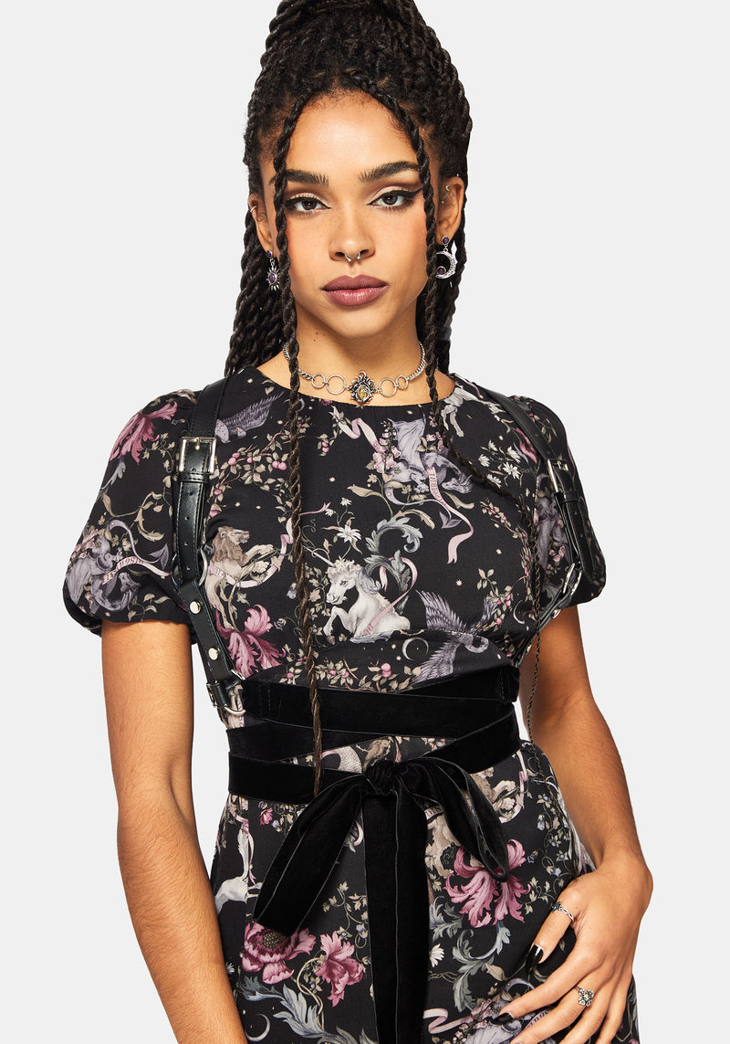 Merunicorn Enchanted Forest Print Puff Sleeve Midi Dress