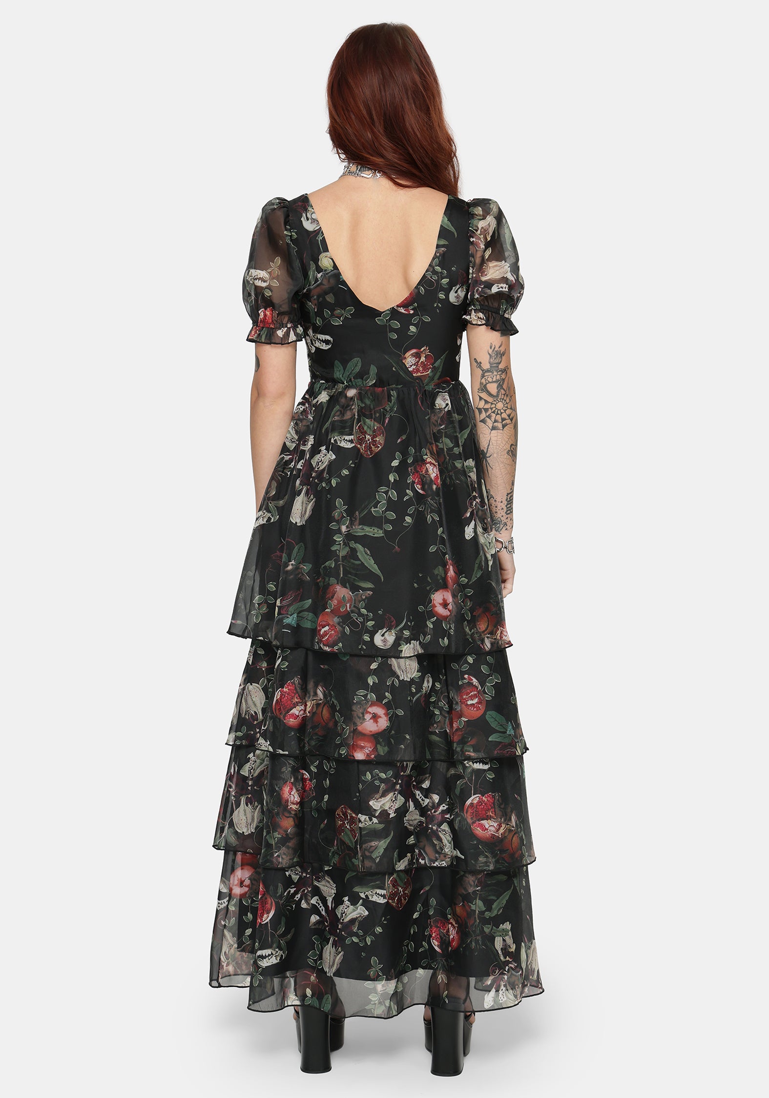 Anara Fruit Print Tiered Gown