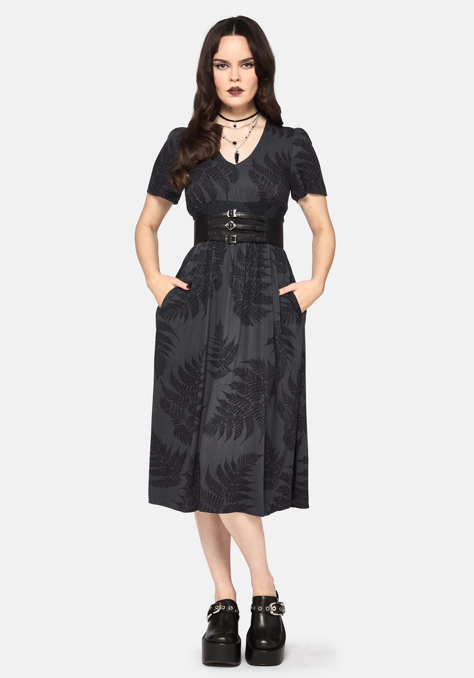 Ruin Fern Printed Midi Dress - Grey