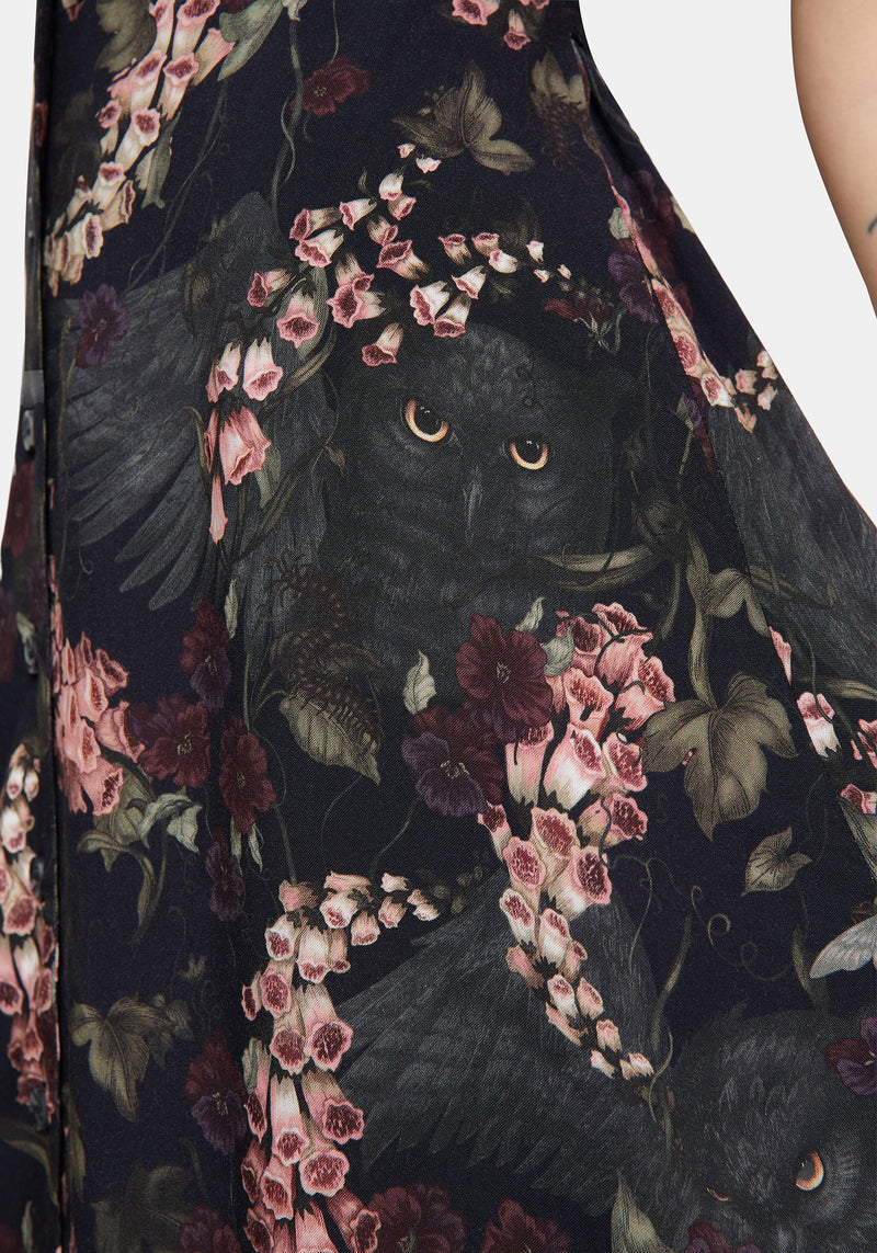 Noctua Midnight Owl Foxglove Printed Button Up Cami Mini Dress
