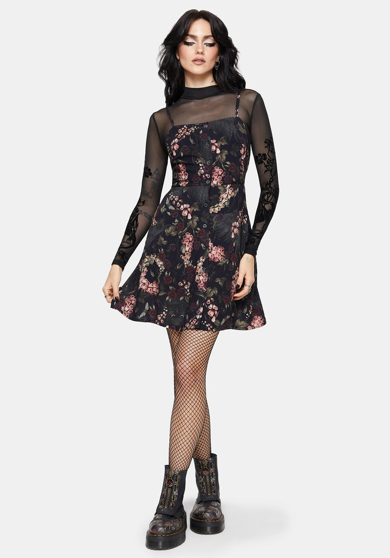 Noctua Midnight Owl Foxglove Printed Button Up Cami Mini Dress