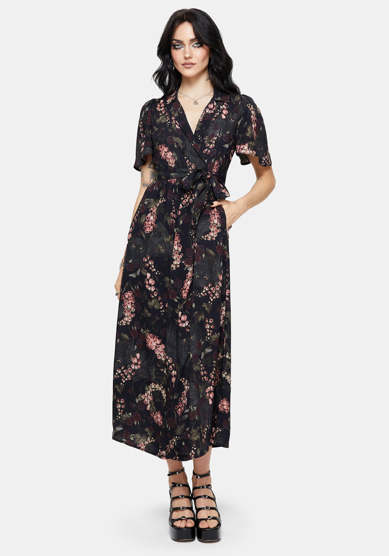 Noctua Midnight Owl Foxglove Printed Wrap Midaxi Shirt Dress