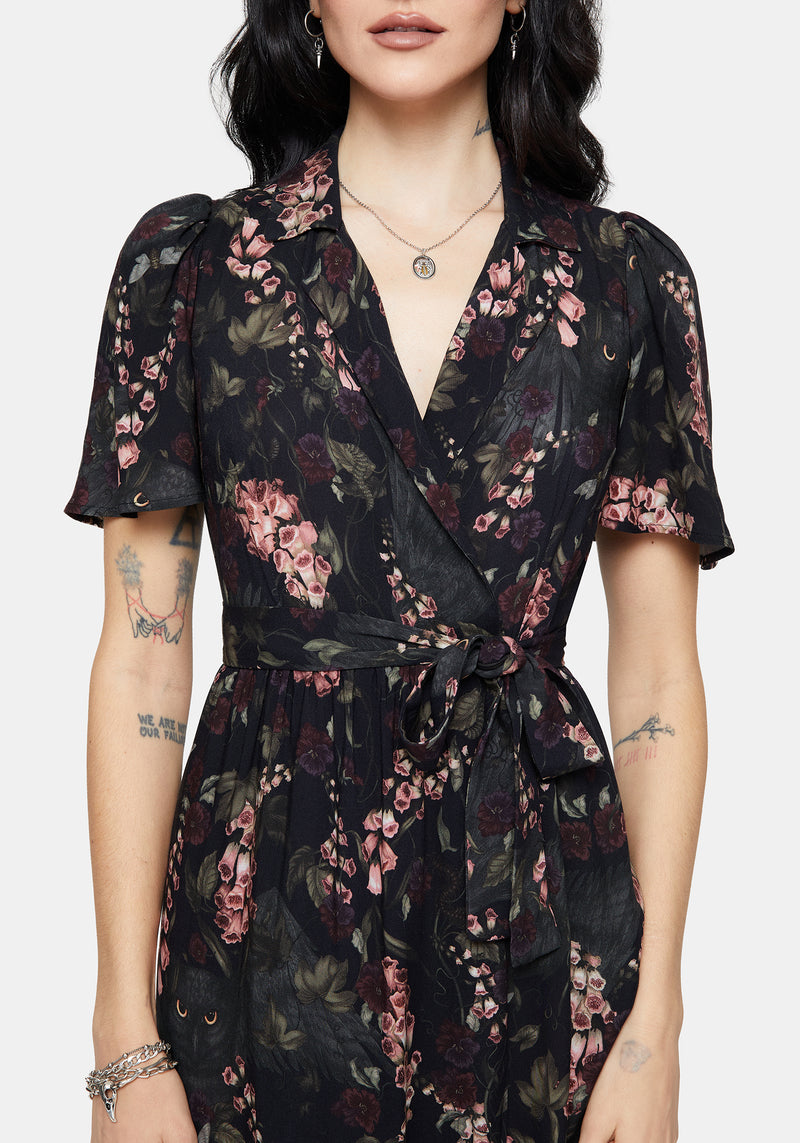 Noctua Midnight Owl Foxglove Printed Wrap Midaxi Shirt Dress