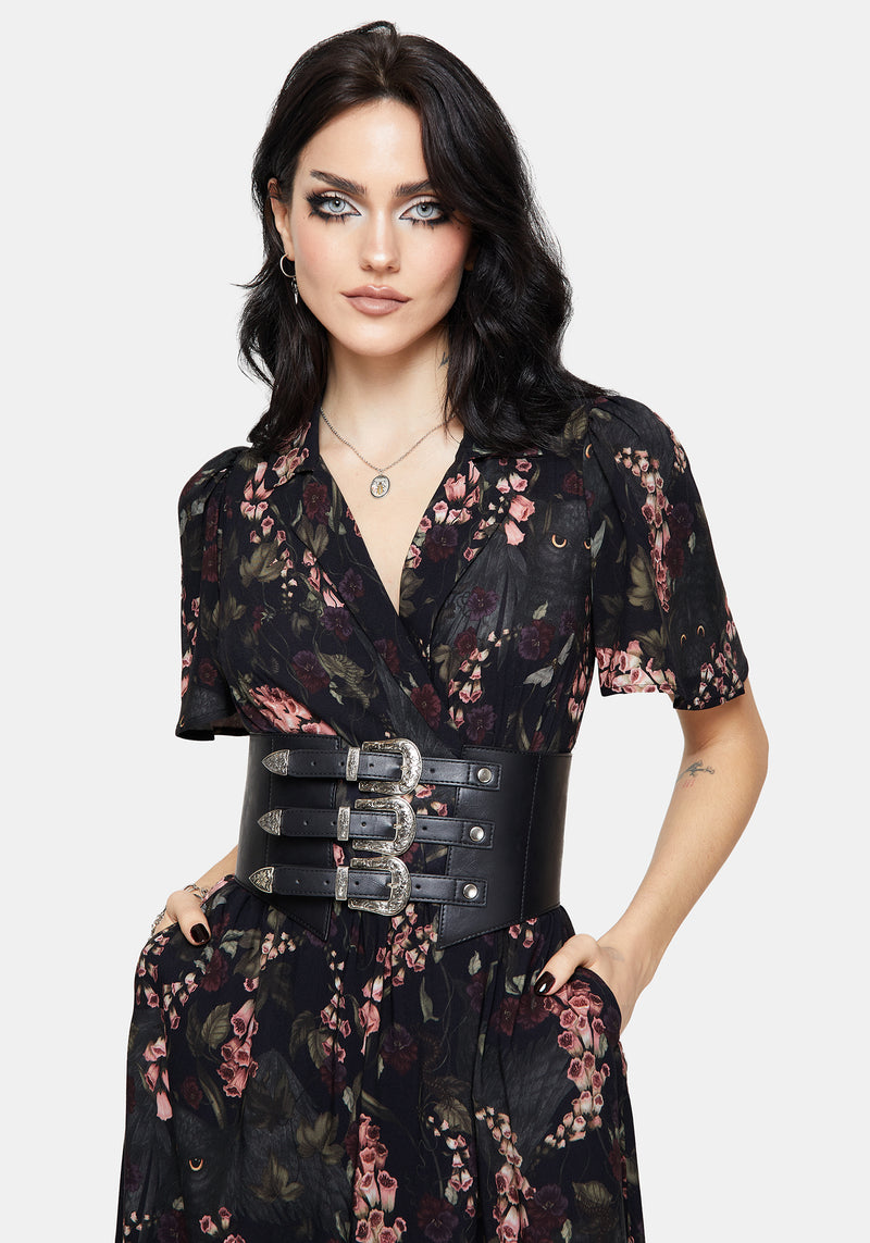 Noctua Midnight Owl Foxglove Printed Wrap Midaxi Shirt Dress