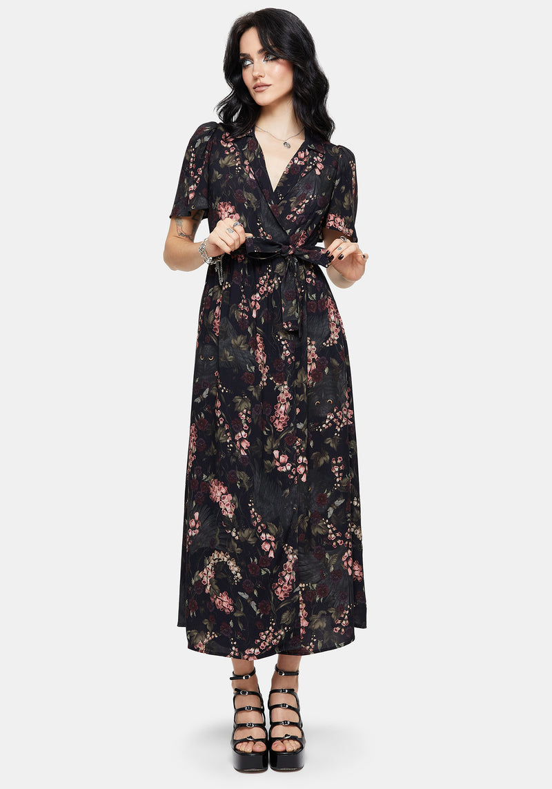 Noctua Midnight Owl Foxglove Printed Wrap Midaxi Shirt Dress